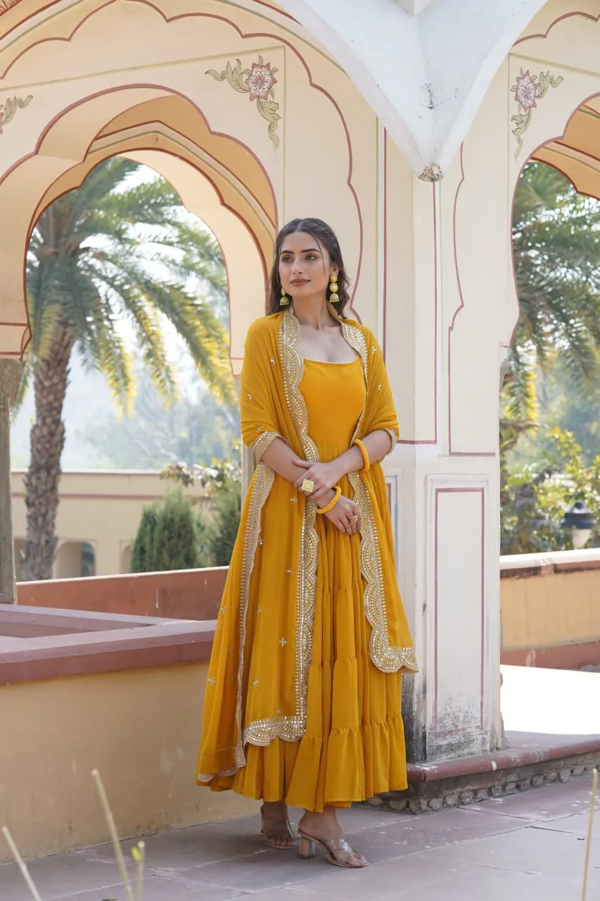 Faux Georgette Yellow Gown with Designer Embroidered Dupatta