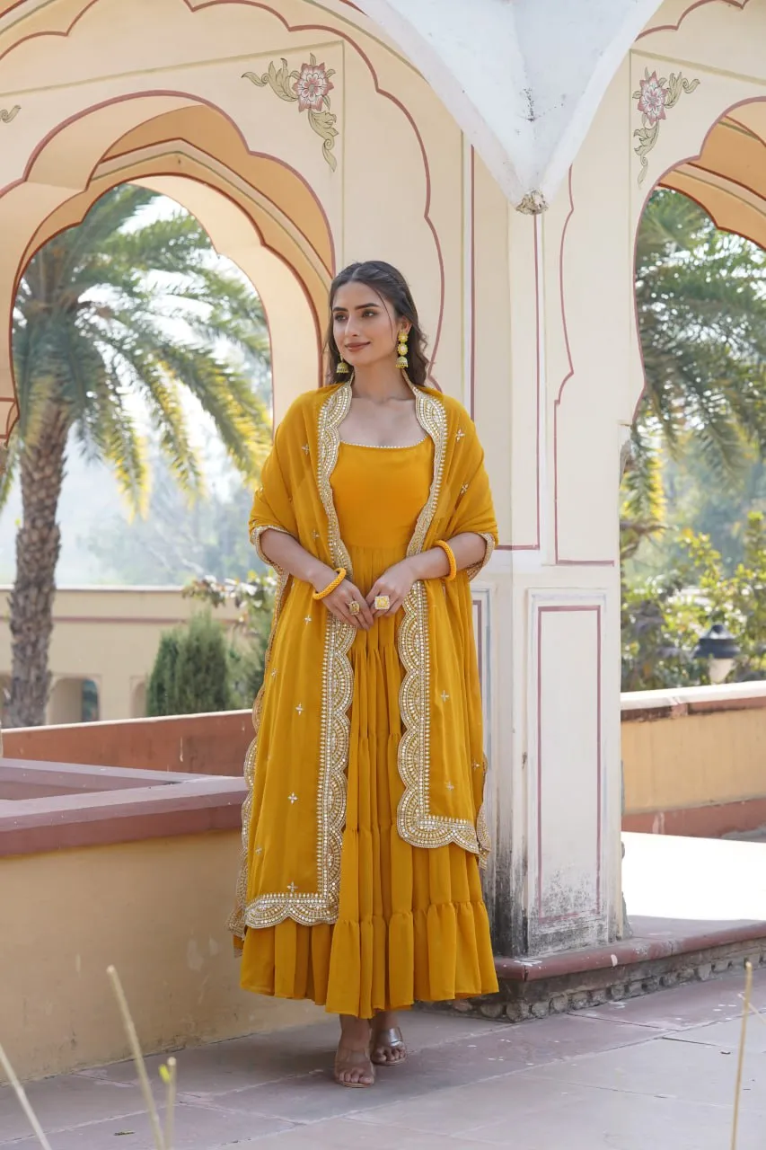 Faux Georgette Yellow Gown with Designer Embroidered Dupatta