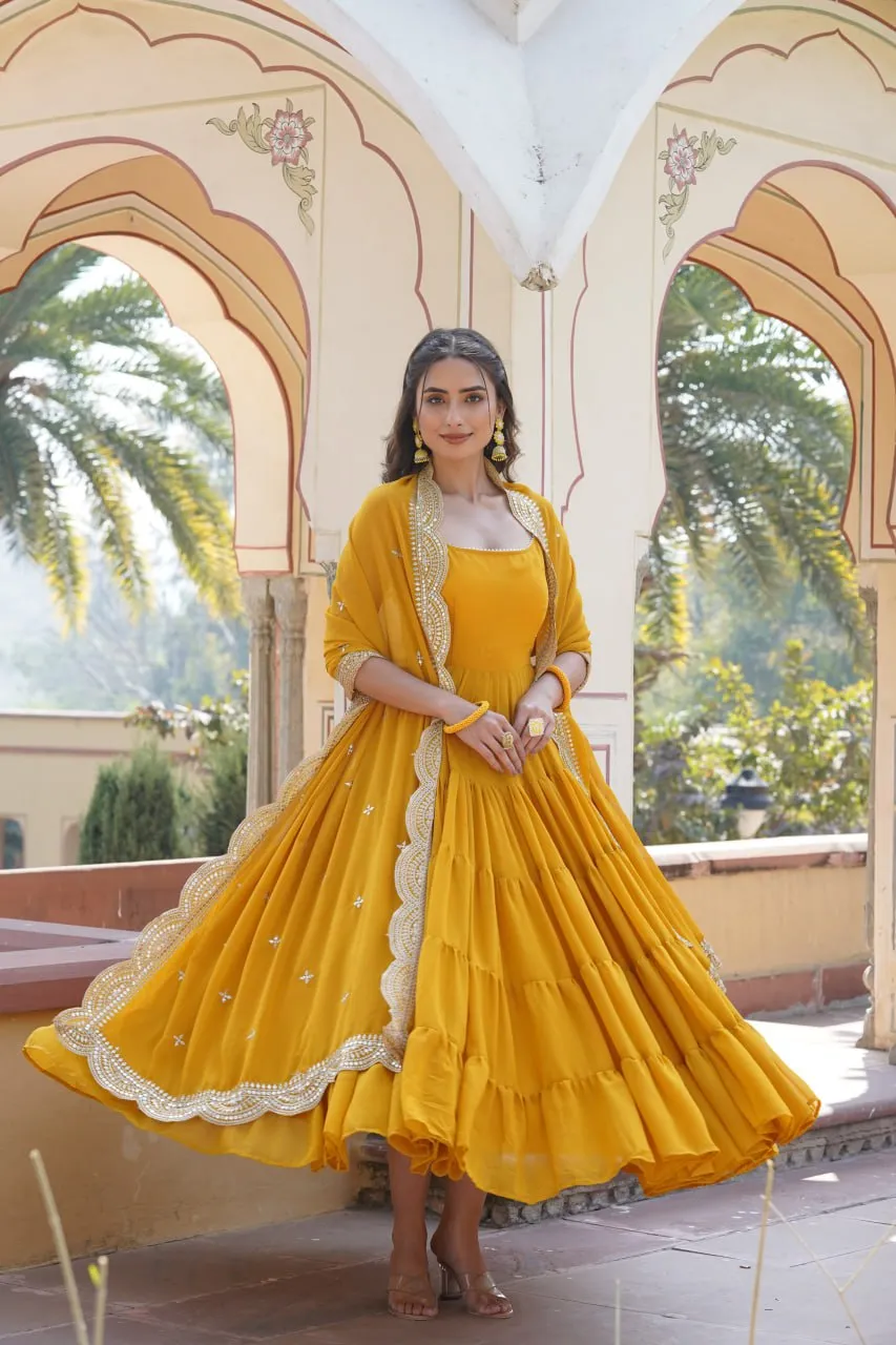 Faux Georgette Yellow Gown with Designer Embroidered Dupatta