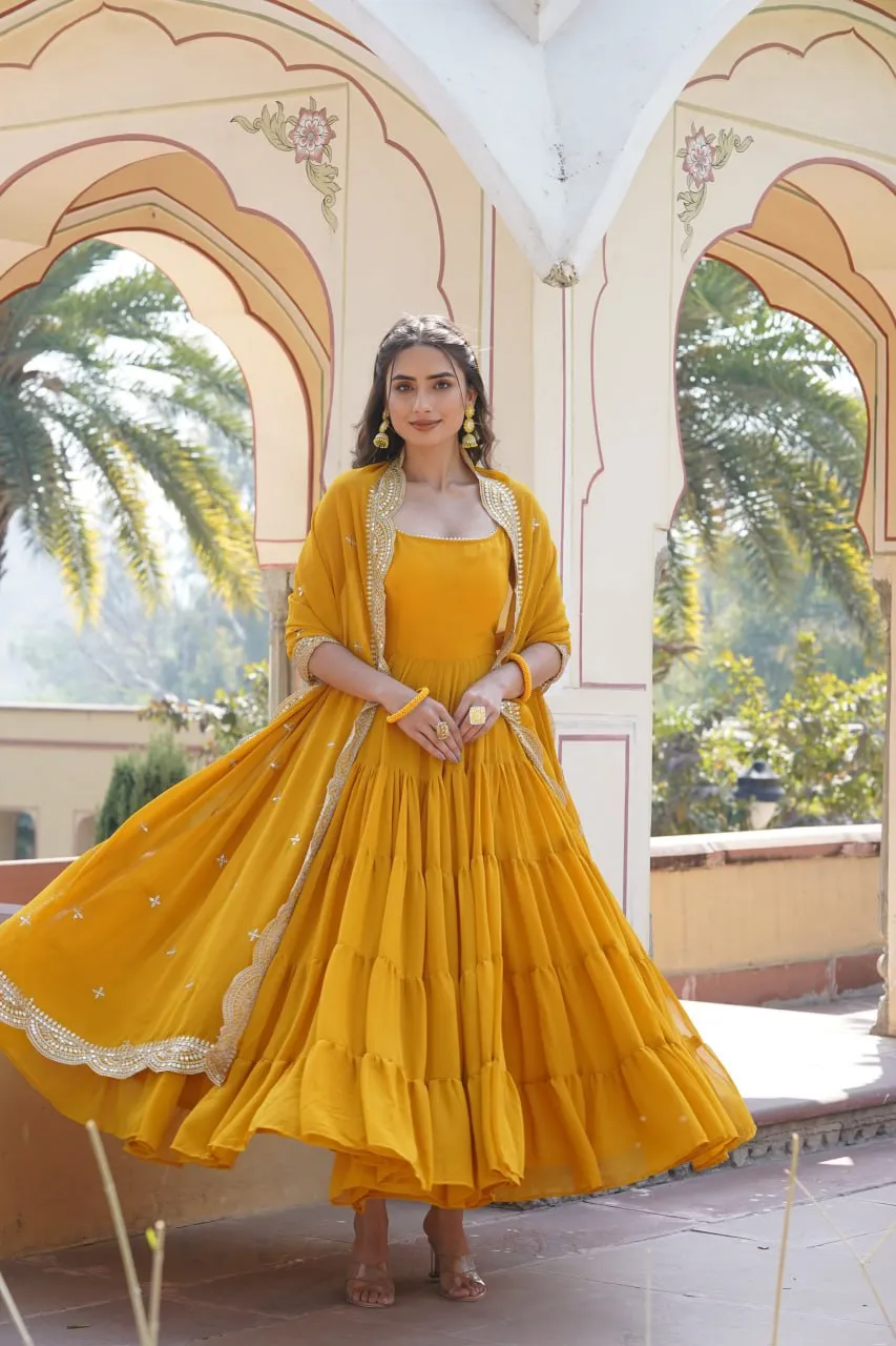 Faux Georgette Yellow Gown with Designer Embroidered Dupatta