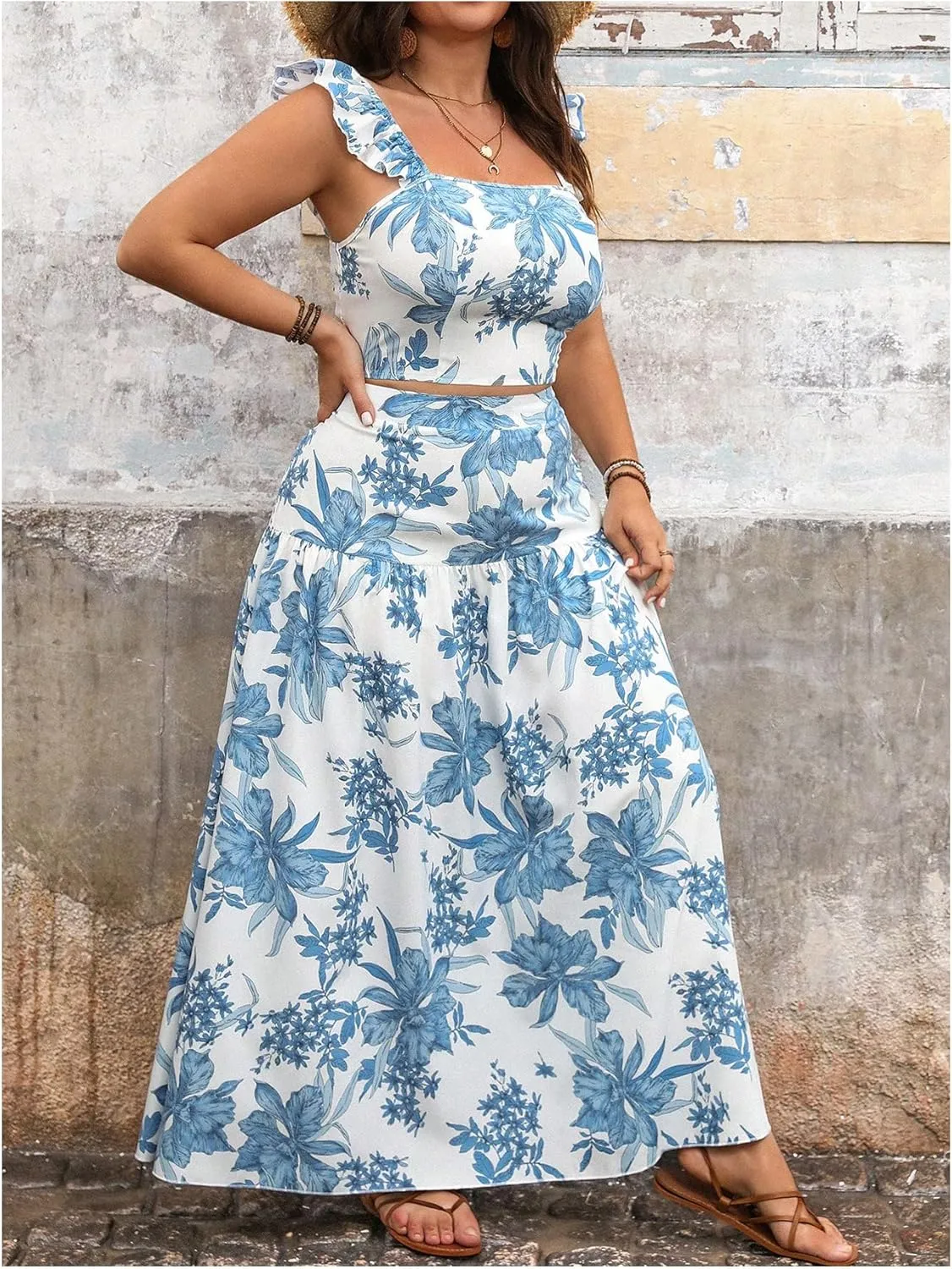Floerns Women's Plus Size 2 Piece Outfit Floral Ruffle Sleeve Tops Maxi Skirt Set