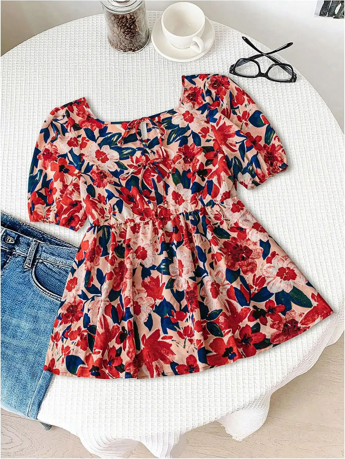 Floerns Women's Plus Size Summer Blouse Tops Bishop Sleeve Flared Peplum Casual Outfit