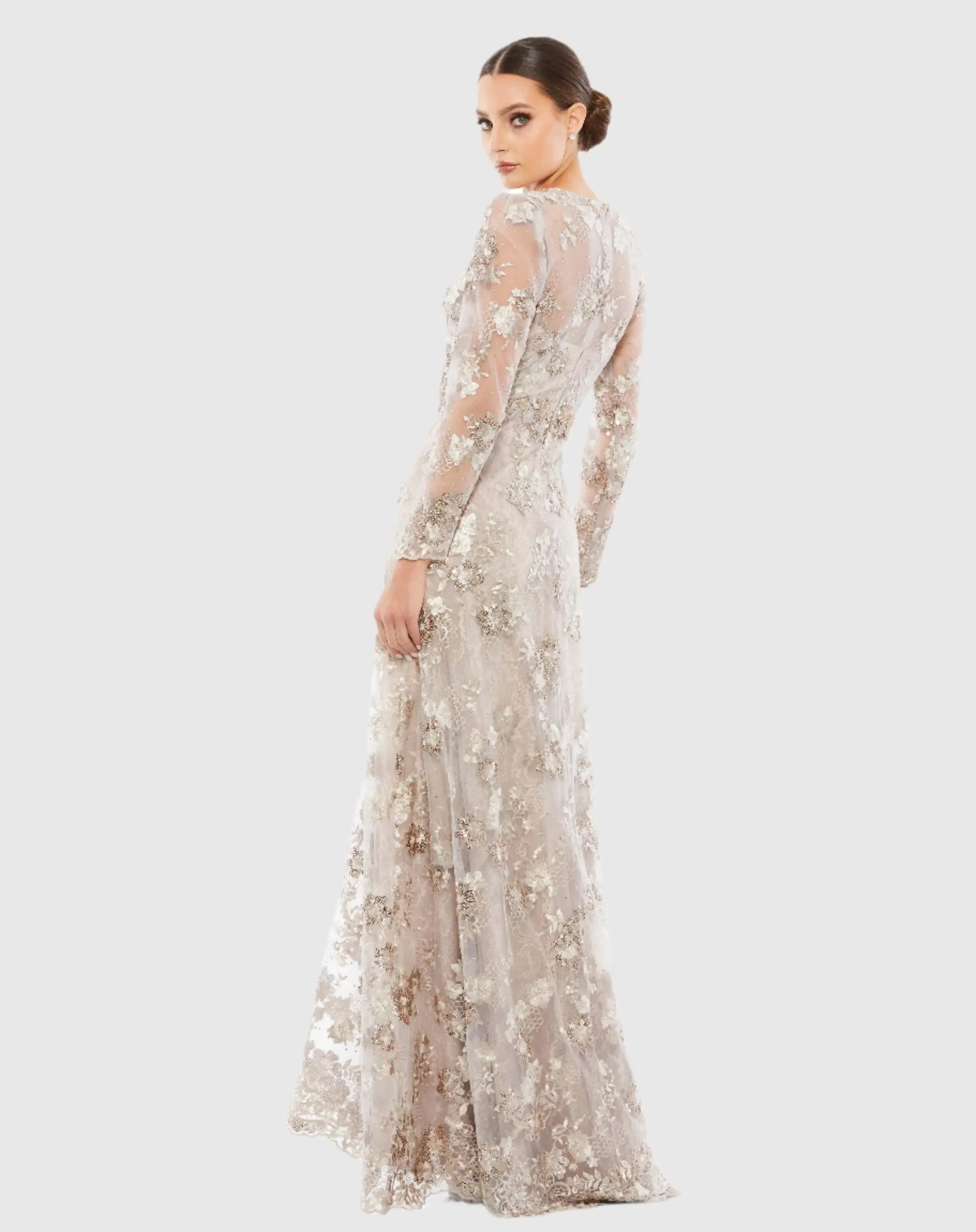 Floral Embroidered Illusion Long Sleeve Evening Gown