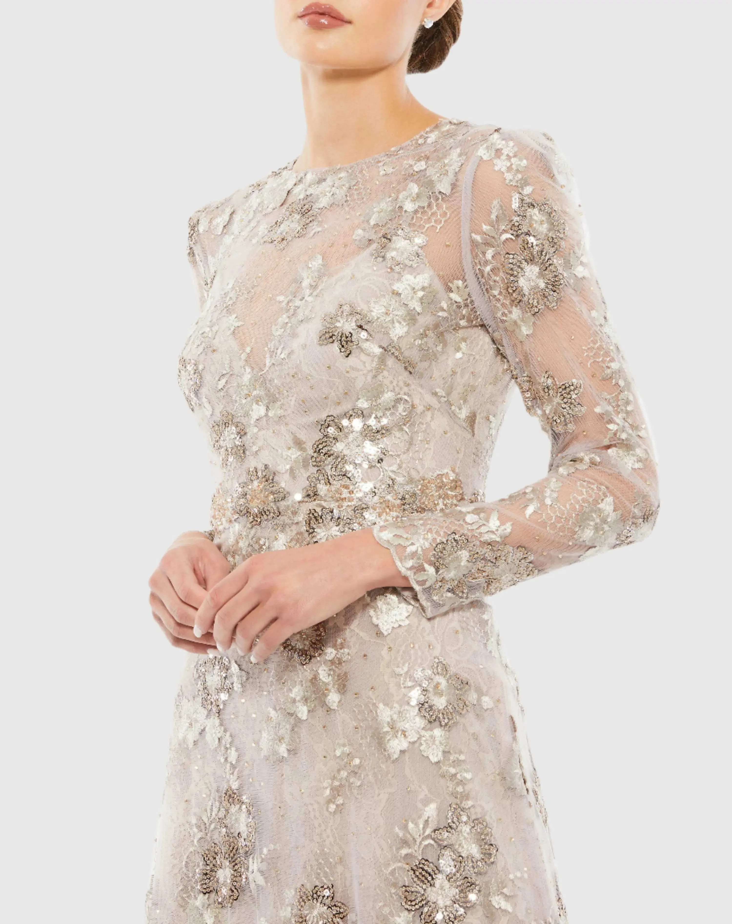 Floral Embroidered Illusion Long Sleeve Evening Gown