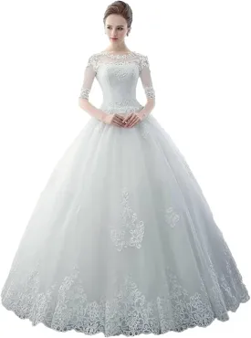 Gorgeous Women's Lace Applique Wedding Dresses for Bride Half Sleeves Tulle Formal Bridal Gown with Lace Up Back