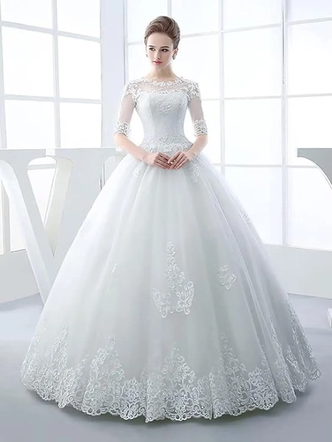 Gorgeous Women's Lace Applique Wedding Dresses for Bride Half Sleeves Tulle Formal Bridal Gown with Lace Up Back