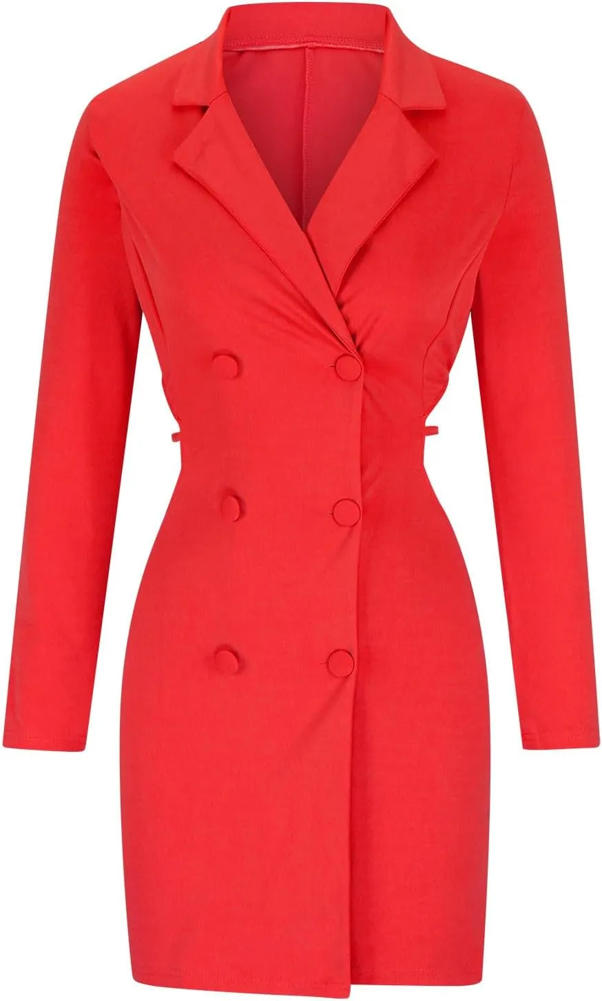 HGps8w Women's Sexy Cutout Waist Blazer Dresses, Double Breasted Long Sleeve V Neck Suit Jacket Mini Dress