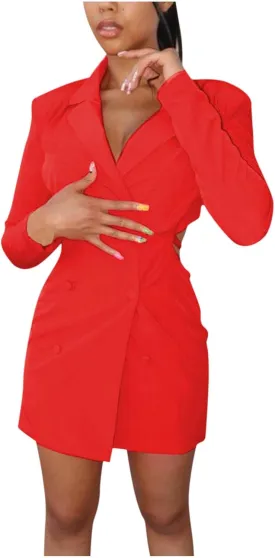 HGps8w Women's Sexy Cutout Waist Blazer Dresses, Double Breasted Long Sleeve V Neck Suit Jacket Mini Dress