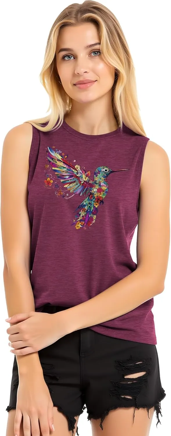 Hummingbird Tank Top for Women Bird Flower Graphic Tee Bird Lover Sleeveless Shirts