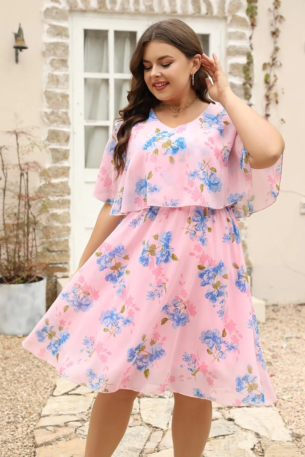 Keluummi Plus Size Summer Wedding Guest Dresses for Curvy Women, Casual Boho Floral Chiffon Midi Dresses with Empire Waist