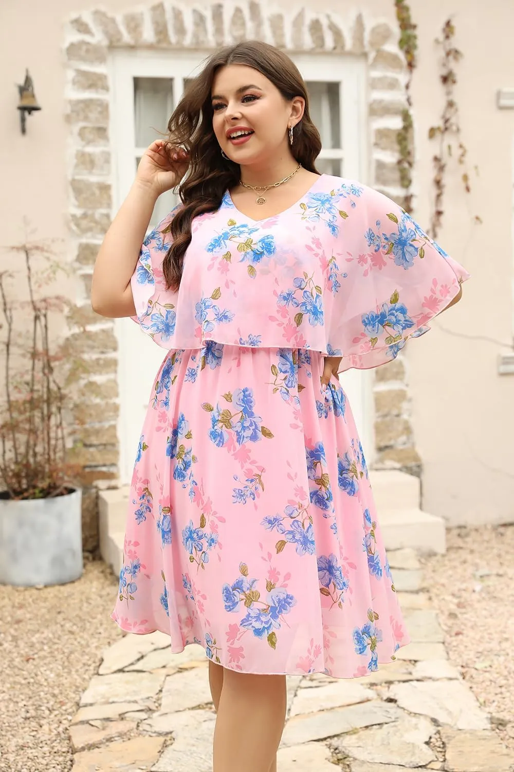 Keluummi Plus Size Summer Wedding Guest Dresses for Curvy Women, Casual Boho Floral Chiffon Midi Dresses with Empire Waist