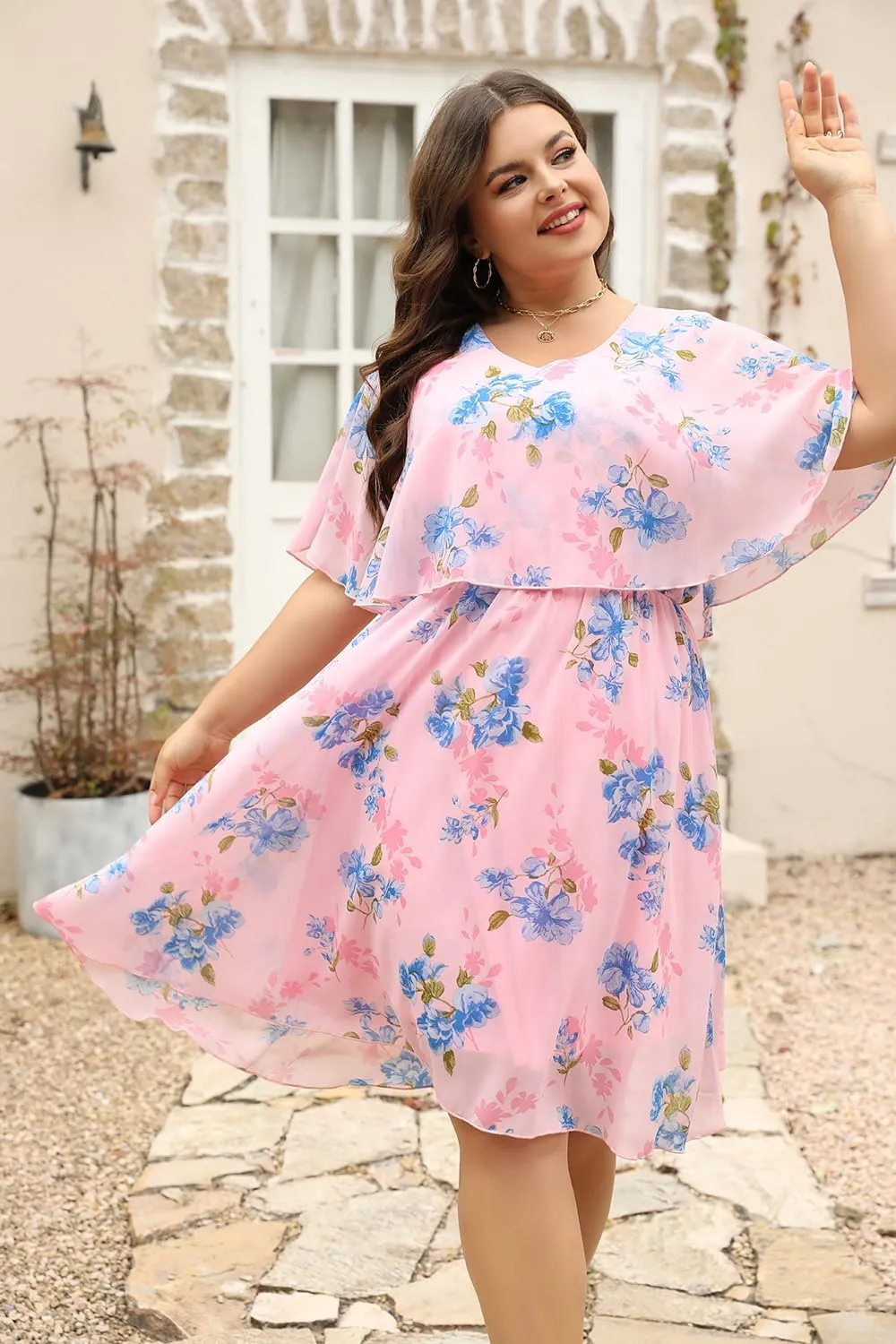 Keluummi Plus Size Summer Wedding Guest Dresses for Curvy Women, Casual Boho Floral Chiffon Midi Dresses with Empire Waist