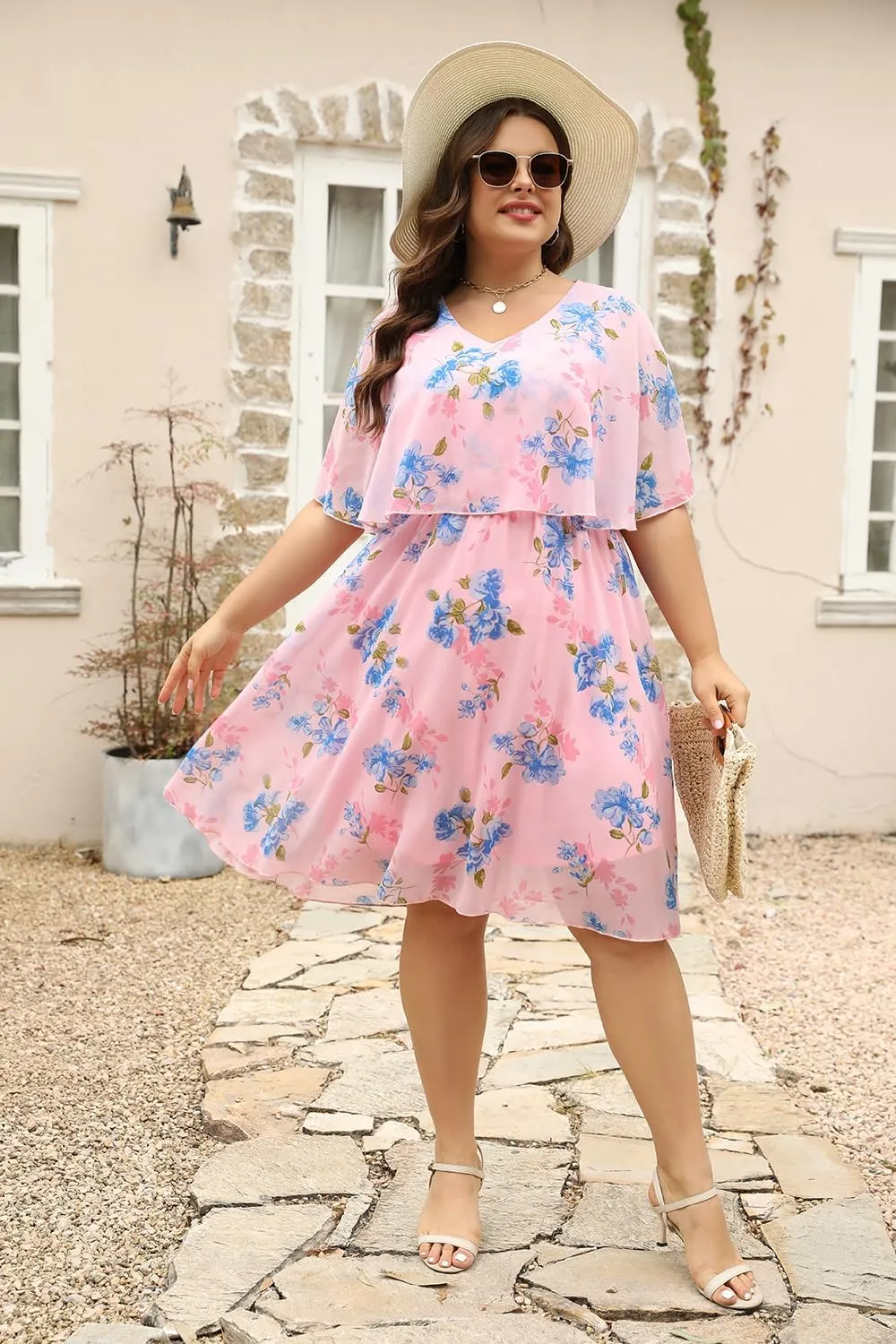 Keluummi Plus Size Summer Wedding Guest Dresses for Curvy Women, Casual Boho Floral Chiffon Midi Dresses with Empire Waist