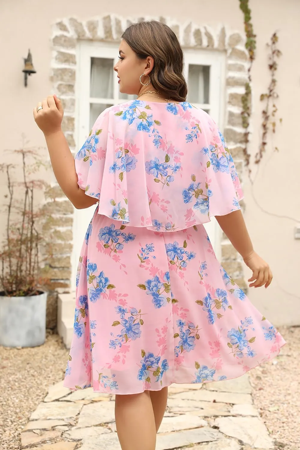 Keluummi Plus Size Summer Wedding Guest Dresses for Curvy Women, Casual Boho Floral Chiffon Midi Dresses with Empire Waist