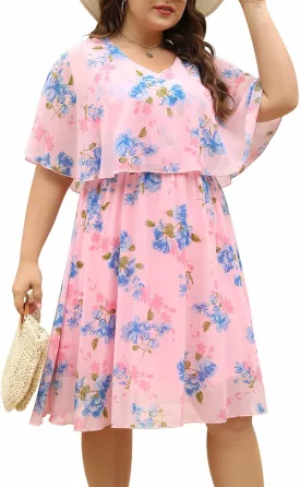Keluummi Plus Size Summer Wedding Guest Dresses for Curvy Women, Casual Boho Floral Chiffon Midi Dresses with Empire Waist