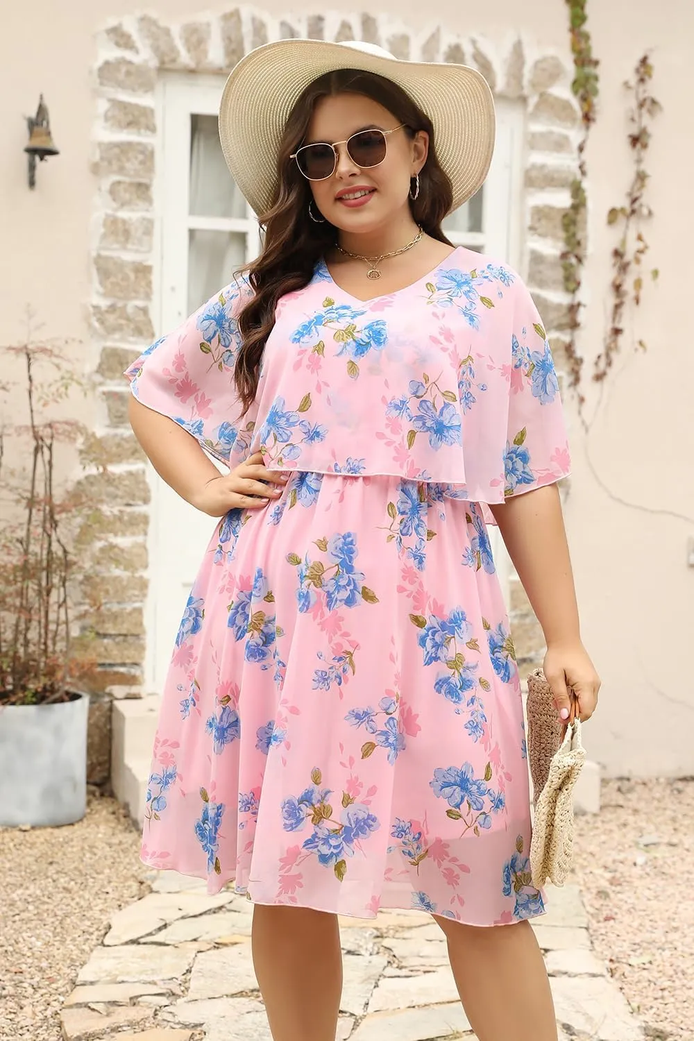 Keluummi Plus Size Summer Wedding Guest Dresses for Curvy Women, Casual Boho Floral Chiffon Midi Dresses with Empire Waist