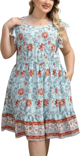 Keluummi Plus Size Wedding Guest Dress for Curvy Women, Summer Casual Boho Floral Midi Graduation Sundress, with Pocket