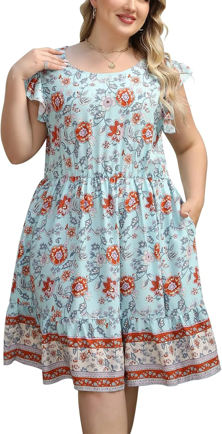 Keluummi Plus Size Wedding Guest Dress for Curvy Women, Summer Casual Boho Floral Midi Graduation Sundress, with Pocket