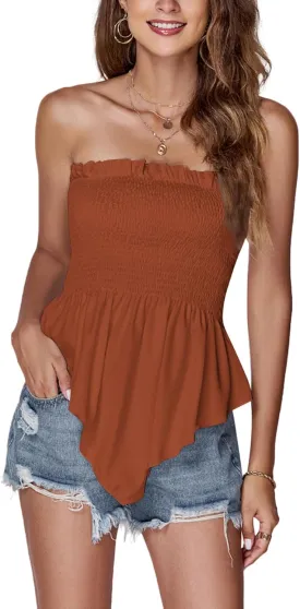 LYANER Women's Frill Shirred Ruffle Hem Strapless Tube Top Sleeveless Pleated Peplum Bandeau Blouse