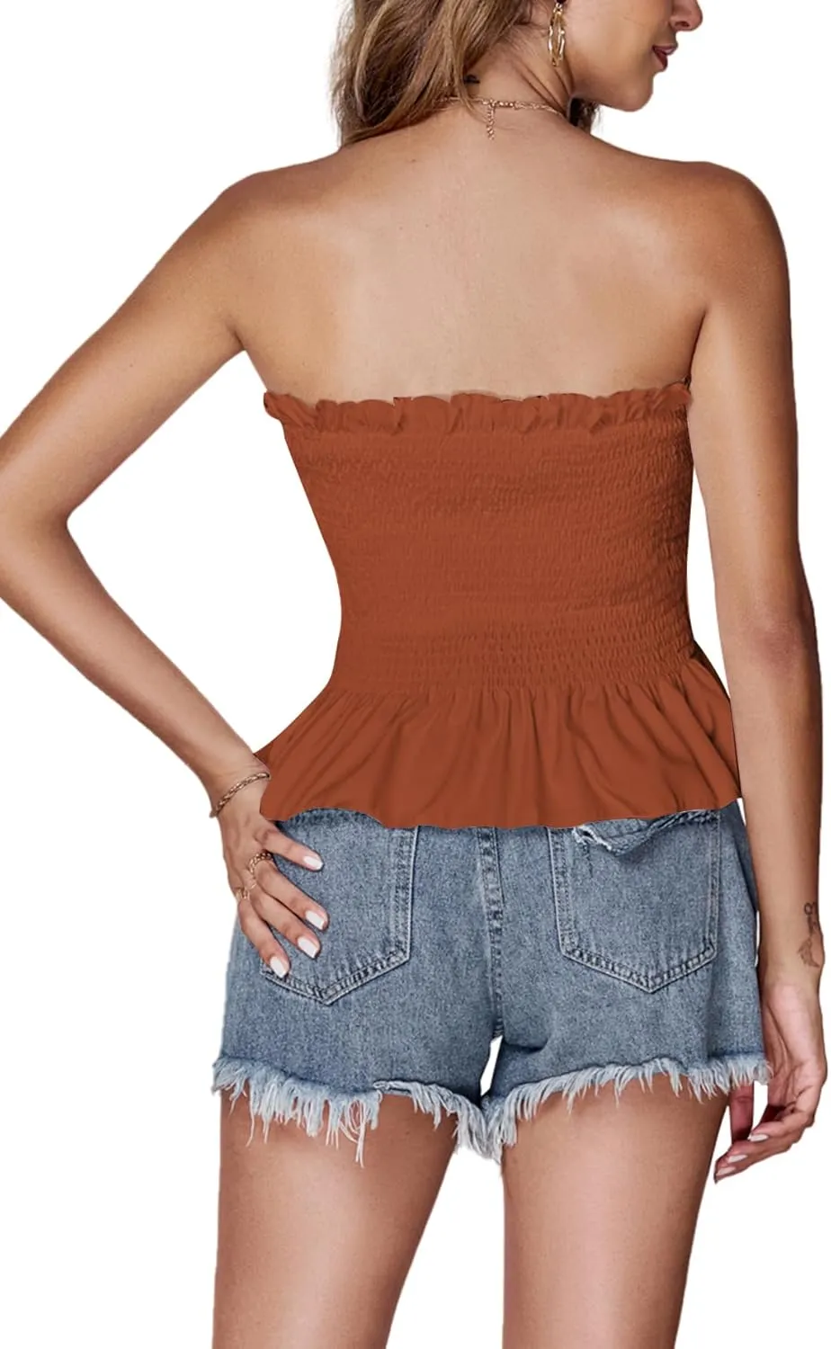 LYANER Women's Frill Shirred Ruffle Hem Strapless Tube Top Sleeveless Pleated Peplum Bandeau Blouse