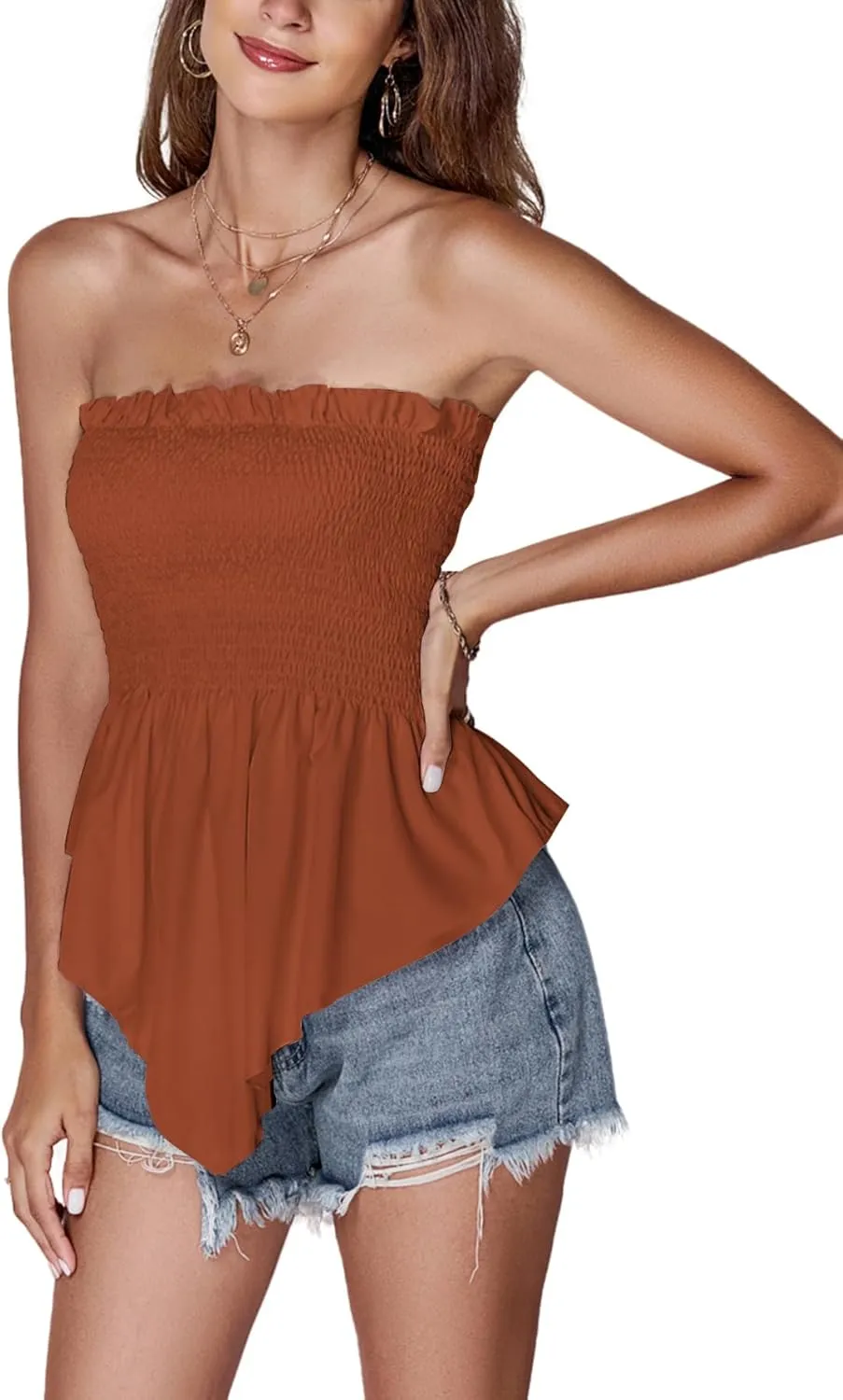 LYANER Women's Frill Shirred Ruffle Hem Strapless Tube Top Sleeveless Pleated Peplum Bandeau Blouse