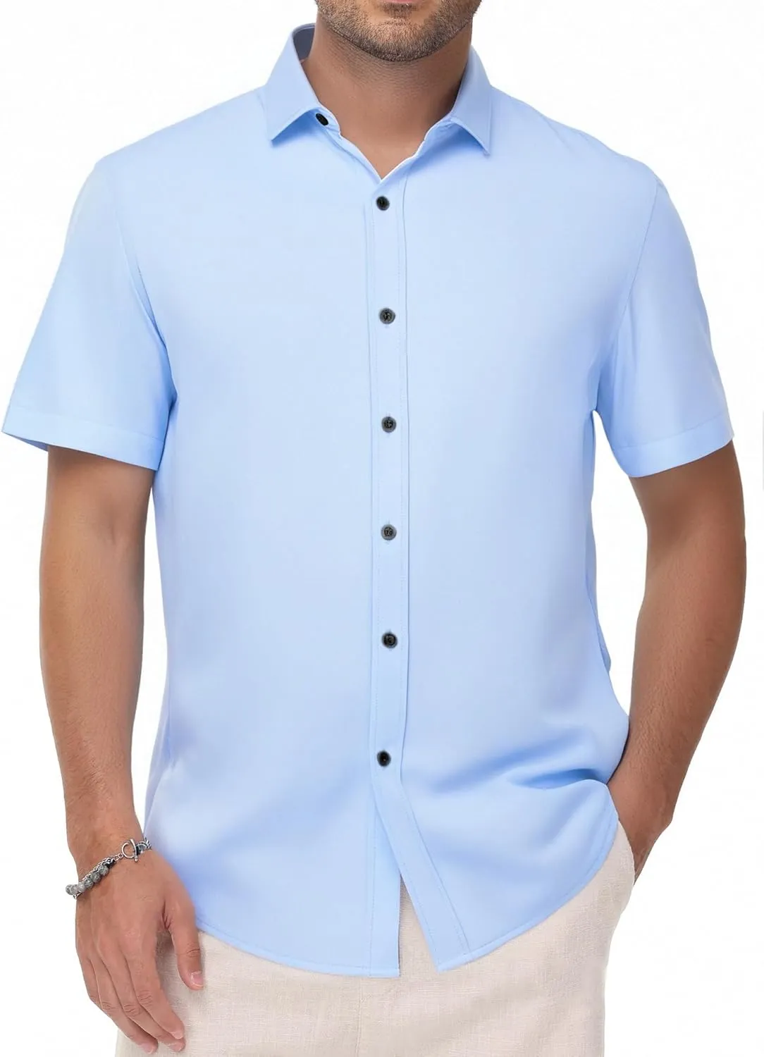 Manwan walk Men's Short Sleeve Casual Button-Down Solid Slim Fit Business Formal Shirts