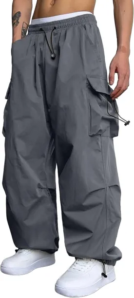 Men's Baggy Cargo Pants Casual Parachute Pant Drawstring Elastic Waist Loose Fit Athletic Joggers Sweatpants with Pockets