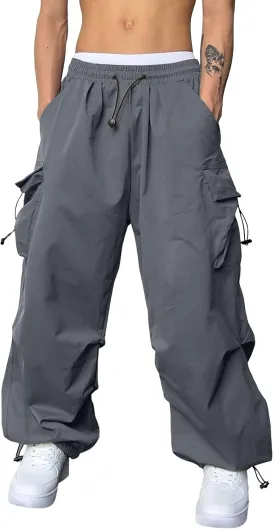 Mens Baggy Cargo Pants Casual Parachute Pants Drawstring Workout Athletic Sweatpants Plus Size Loose Harem Joggers