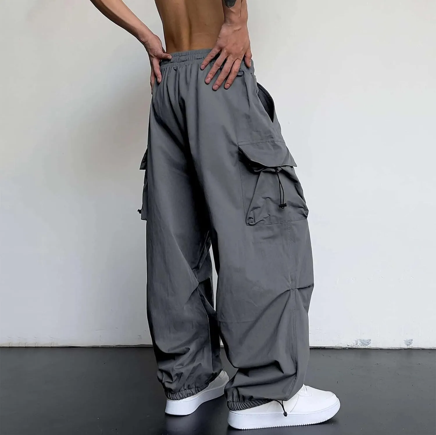 Mens Baggy Cargo Pants Casual Parachute Pants Drawstring Workout Athletic Sweatpants Plus Size Loose Harem Joggers