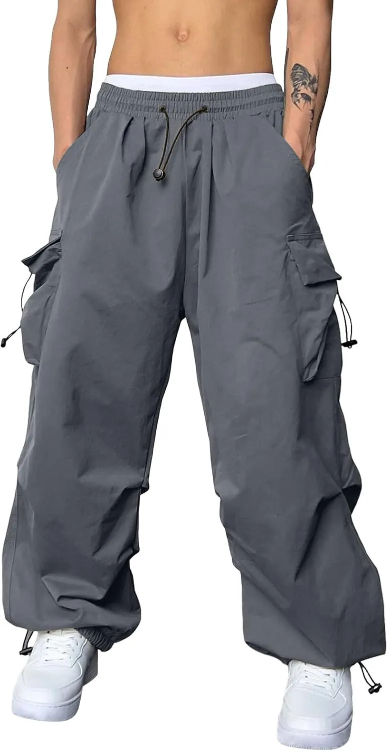 Mens Baggy Cargo Pants Casual Parachute Pants Drawstring Workout Athletic Sweatpants Plus Size Loose Harem Joggers
