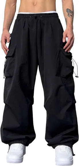 Mens Baggy Cargo Pants Loose Fit Multi-Pockets Straight Long Trousers Parachute Cargo Pants Hip Hop Y2k Harem Pant Streetwear