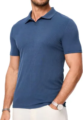 Mens Polo Shirts Short Sleeve V Neck Summer Polo T Shirts Casual Slim Fit Ribbed Textured Golf Shirts