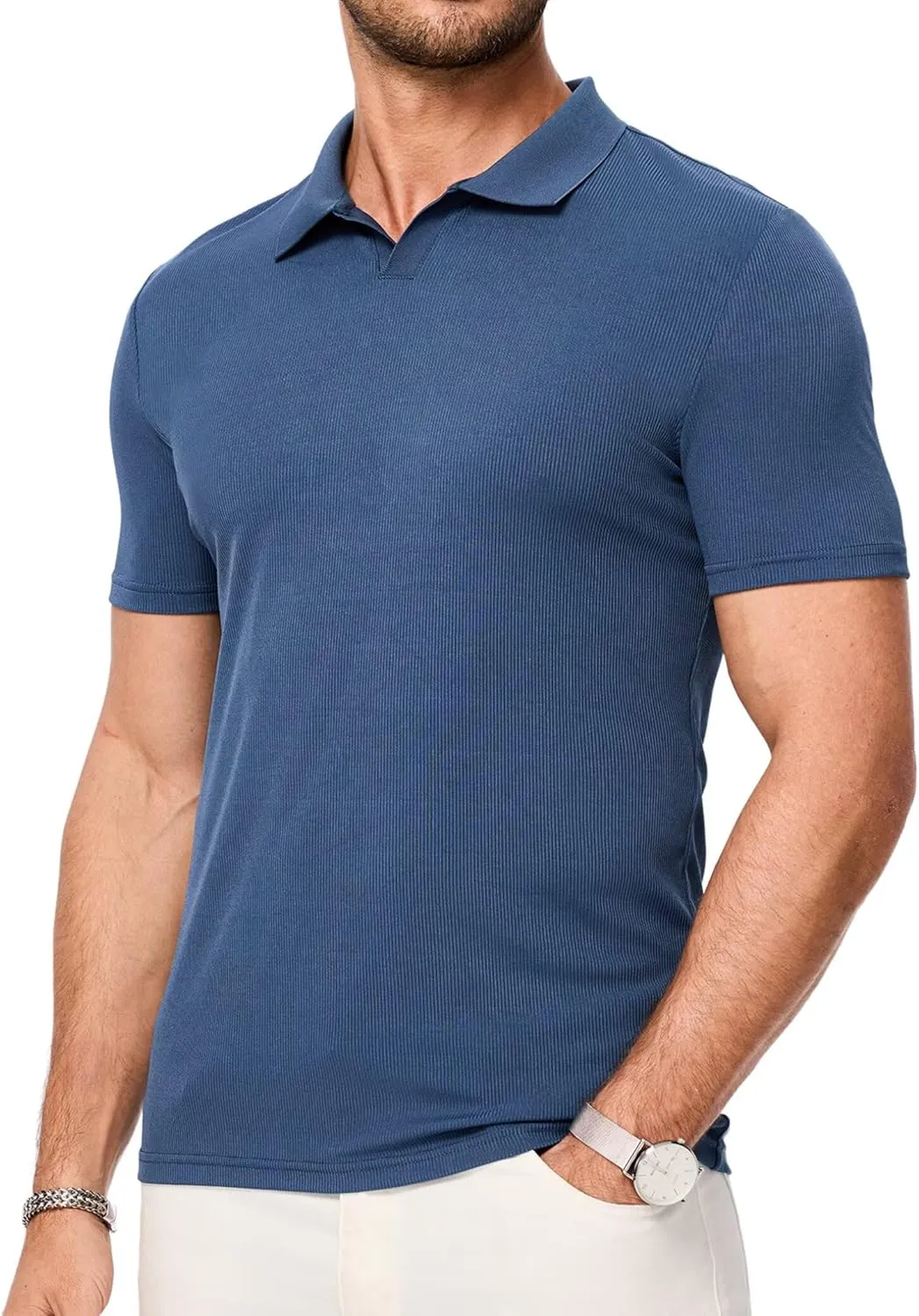 Mens Polo Shirts Short Sleeve V Neck Summer Polo T Shirts Casual Slim Fit Ribbed Textured Golf Shirts