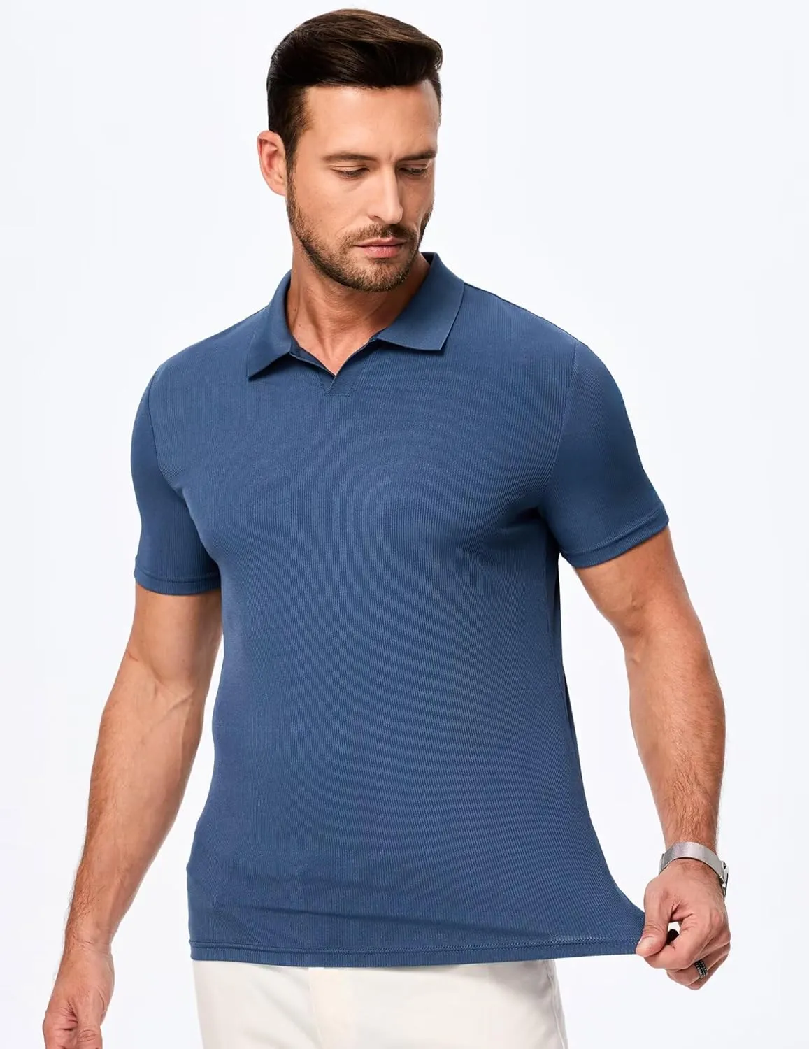 Mens Polo Shirts Short Sleeve V Neck Summer Polo T Shirts Casual Slim Fit Ribbed Textured Golf Shirts