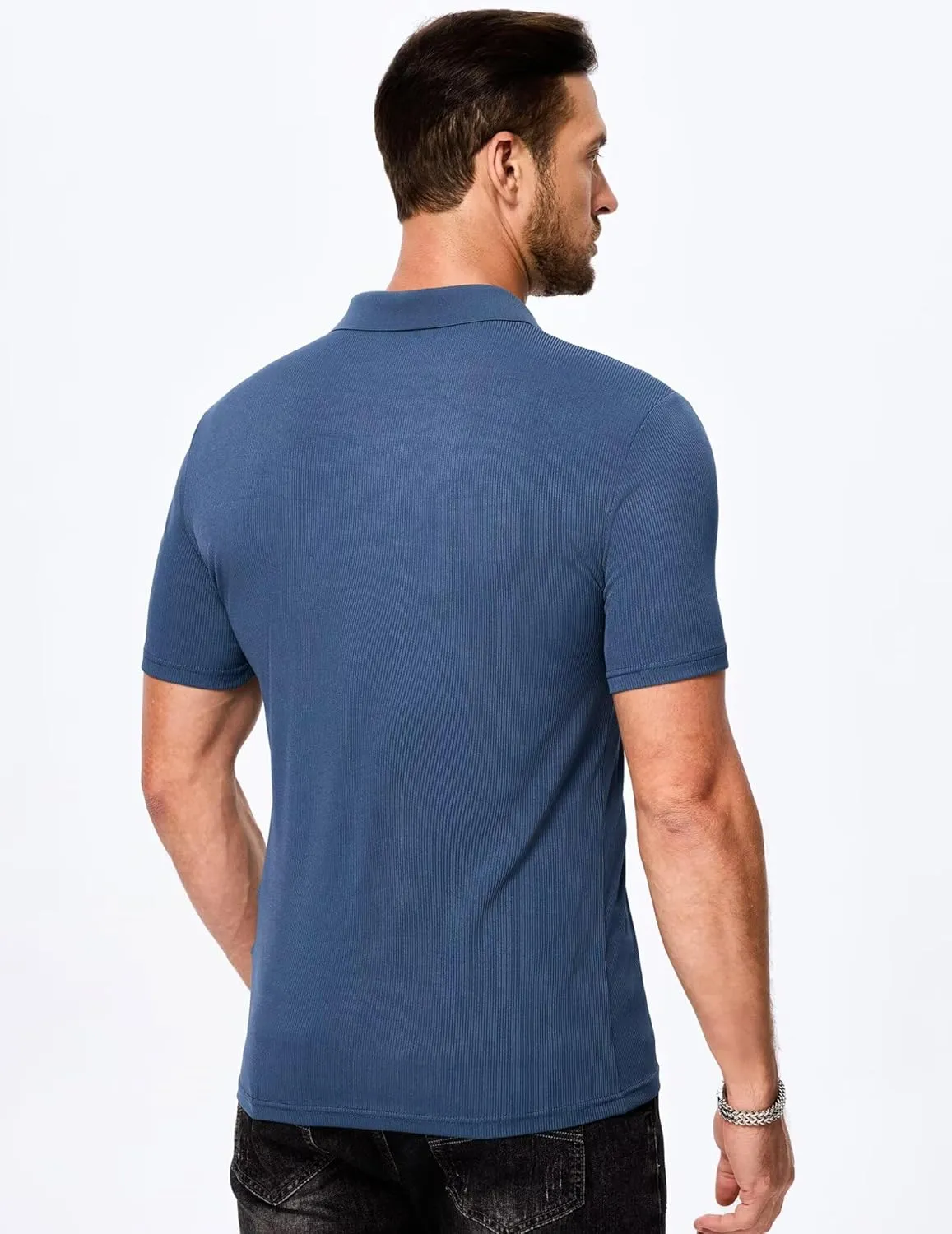 Mens Polo Shirts Short Sleeve V Neck Summer Polo T Shirts Casual Slim Fit Ribbed Textured Golf Shirts