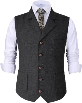 Mens Retro Suit Vest Tweed Wool Regular Fit Dress Waistcoat Herringbone for Jacket