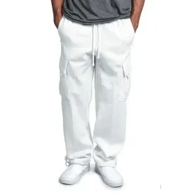 Men’s solid color elastic waist multi-pocket loose fit cargo pants