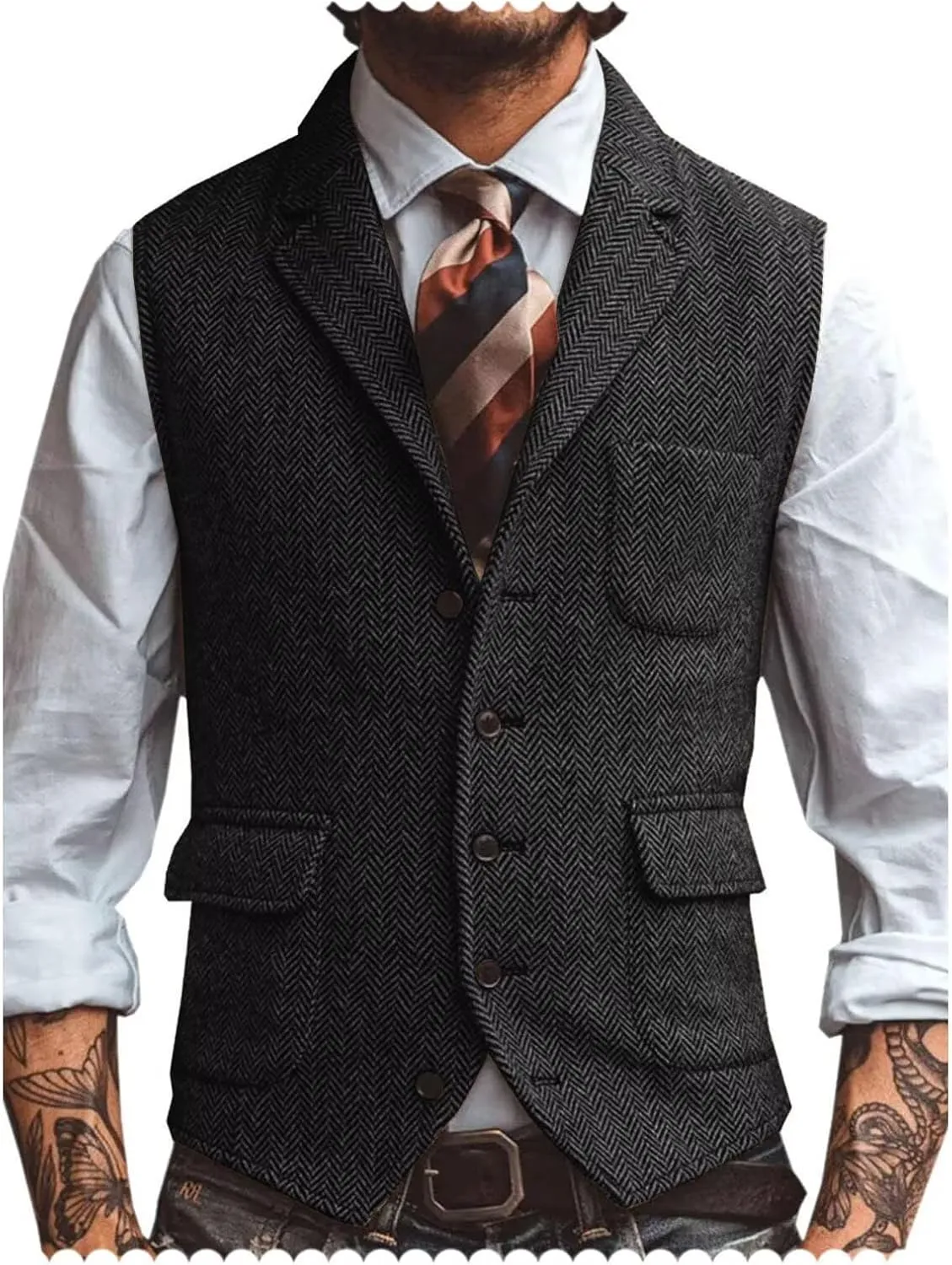 Men's Suit Vest Lapel Herringbone Tweed Business Formal Dress Waistcoat