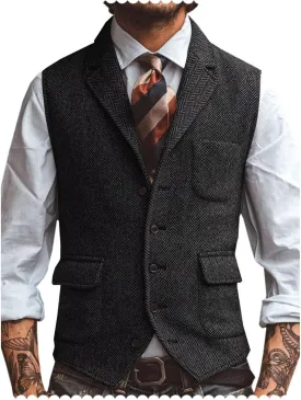 Men's Suit Vest Lapel Herringbone Tweed Business Formal Dress Waistcoat