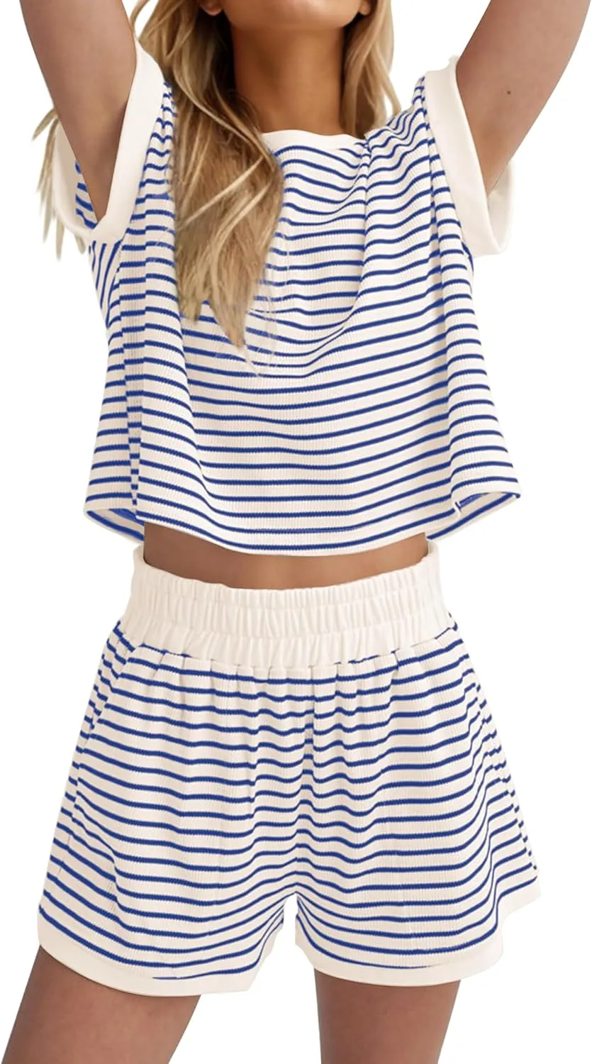 MISSACTIVER 2 Piece Lounge Set Women Stripe Knit Short Sleeve Tee Shirts Shorts Casual Summer Loungewear Shorts Sets