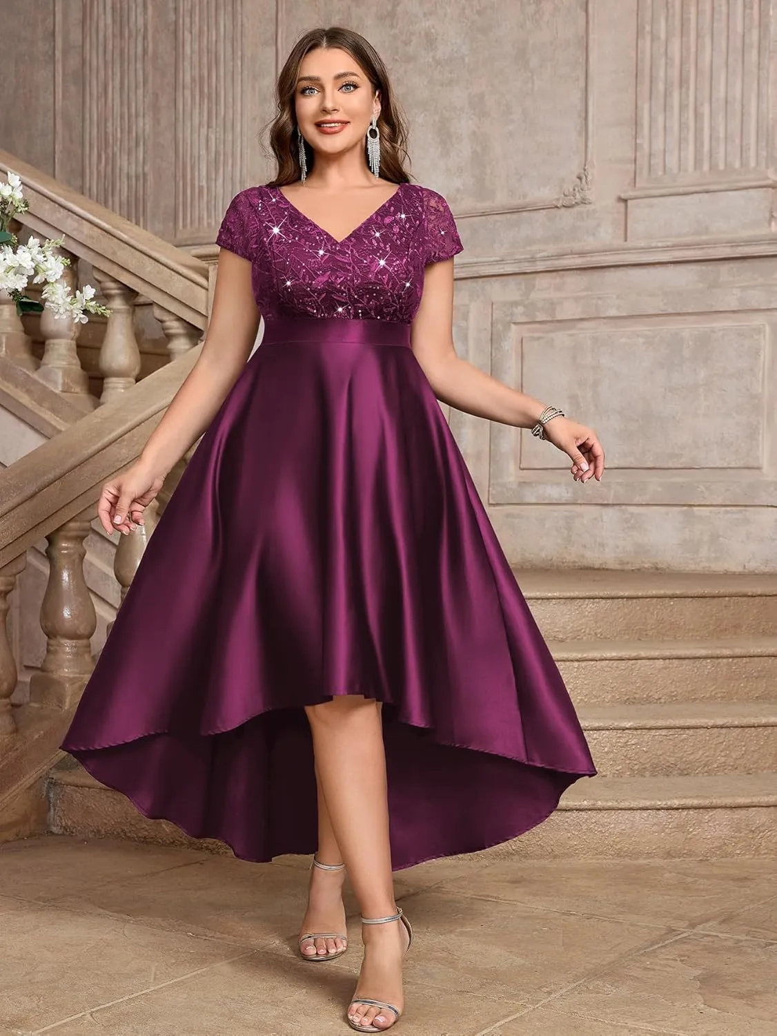 MISSMAY Women's Plus Size Lace Sequin Contrast Satin High Low A-Line Hem Prom Party Formal Dress