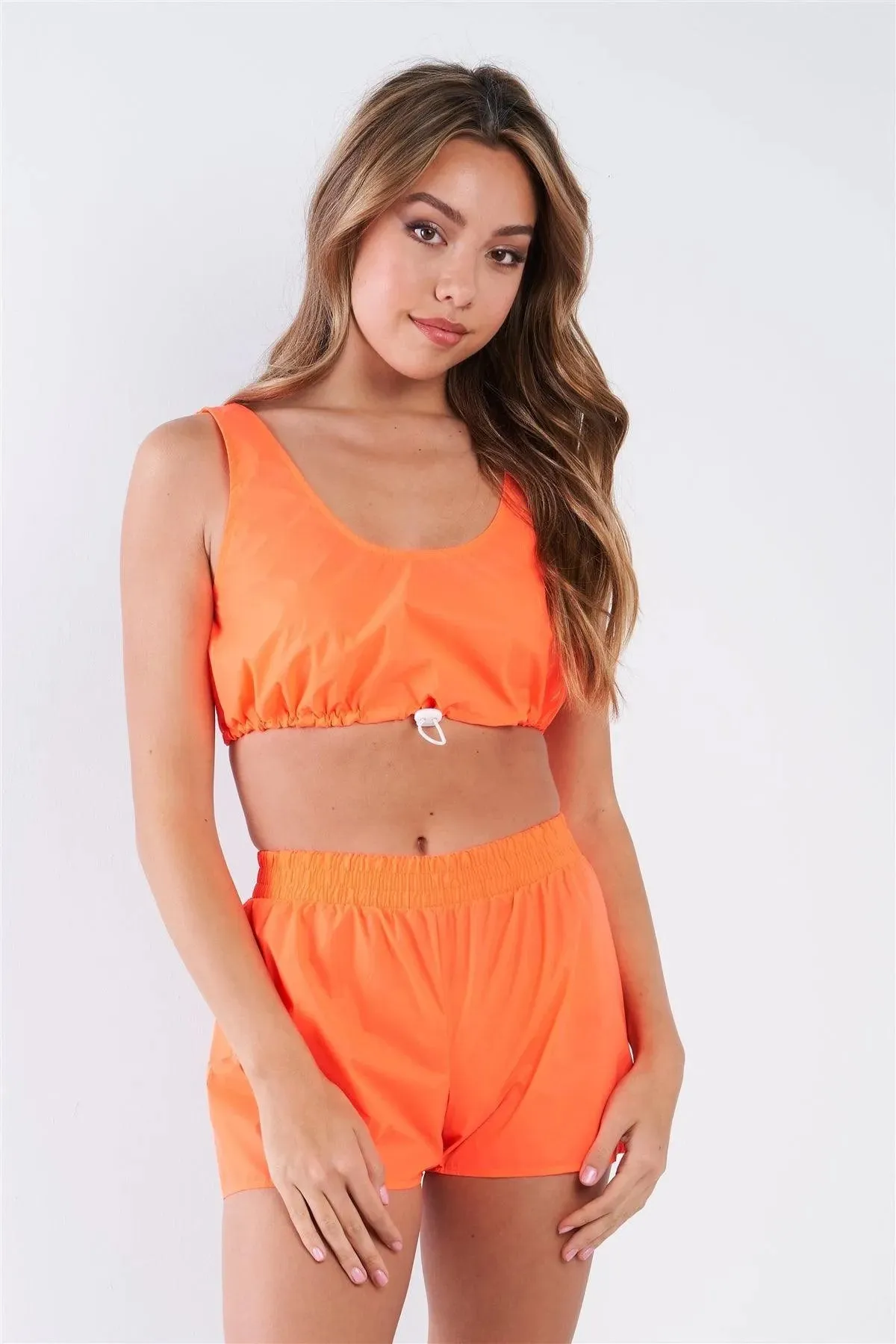 Neon Orange Windbreaker Fabric Drawcord Bra Top And Shorts Set /3-2-1