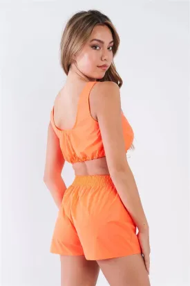 Neon Orange Windbreaker Fabric Drawcord Bra Top And Shorts Set /3-2-1