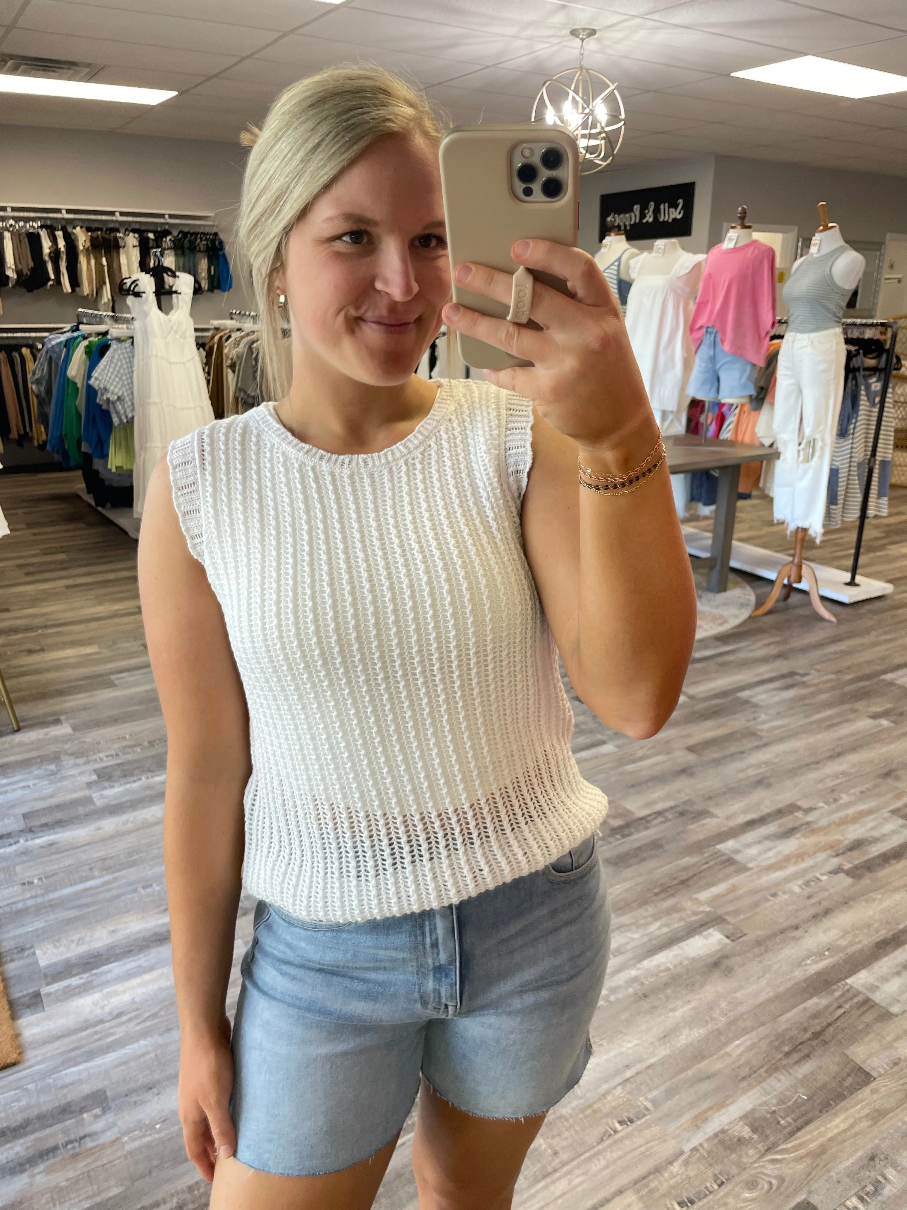 Open Knit Crochet Tank - White