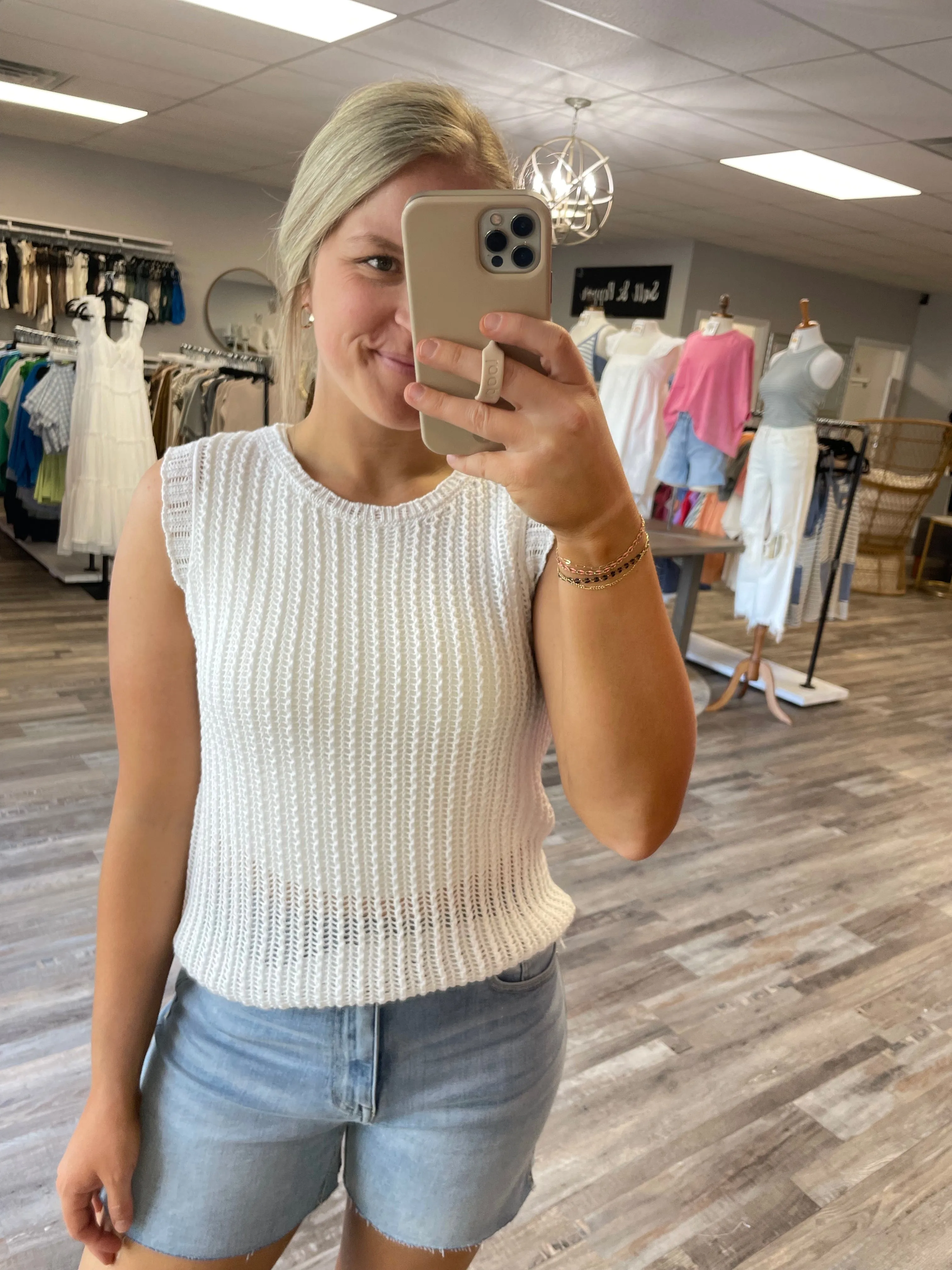 Open Knit Crochet Tank - White