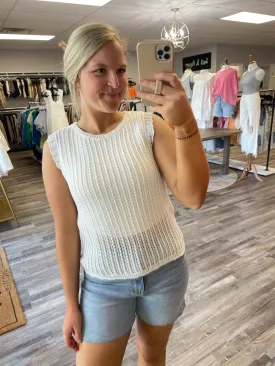 Open Knit Crochet Tank - White