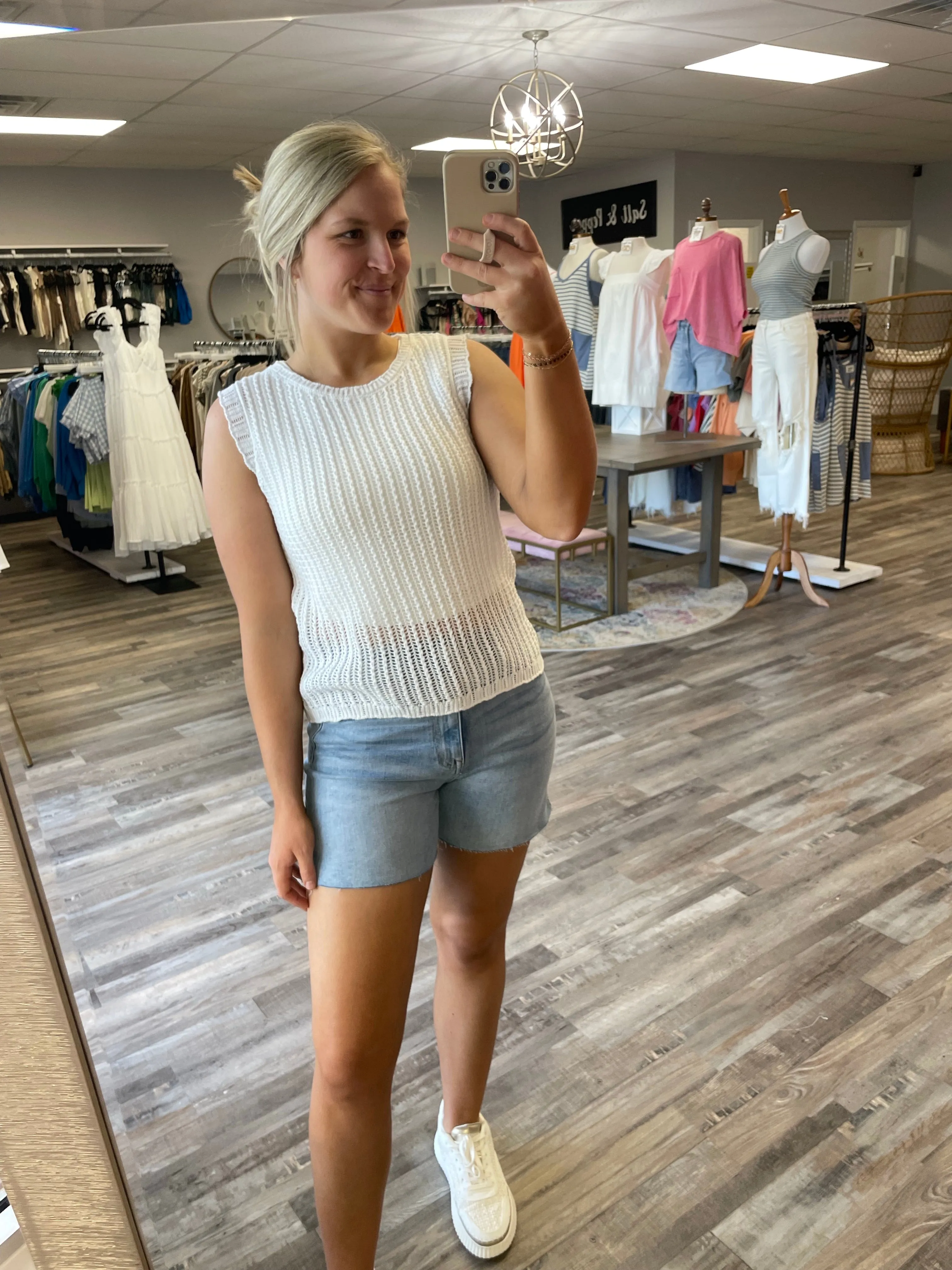 Open Knit Crochet Tank - White