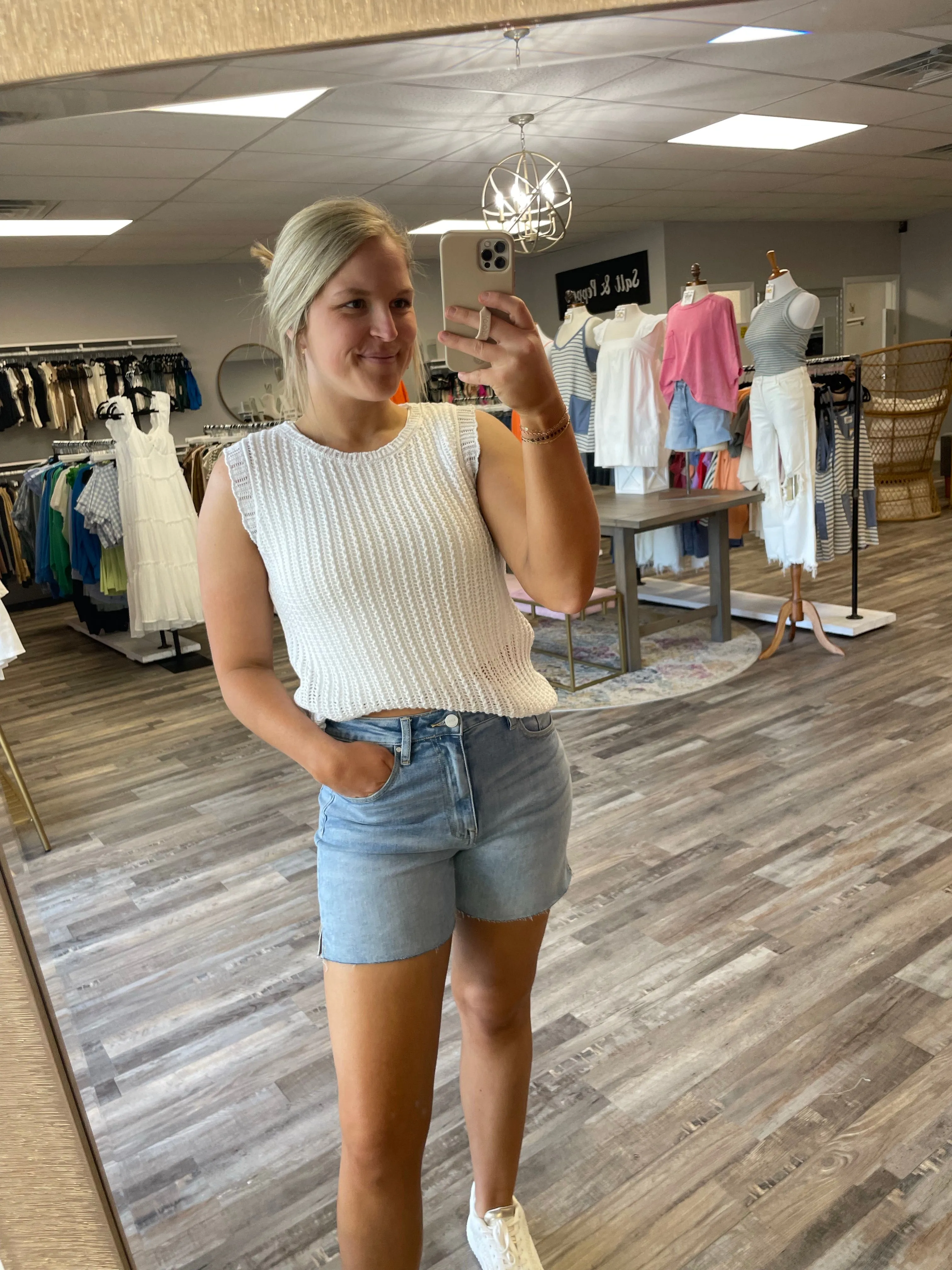 Open Knit Crochet Tank - White