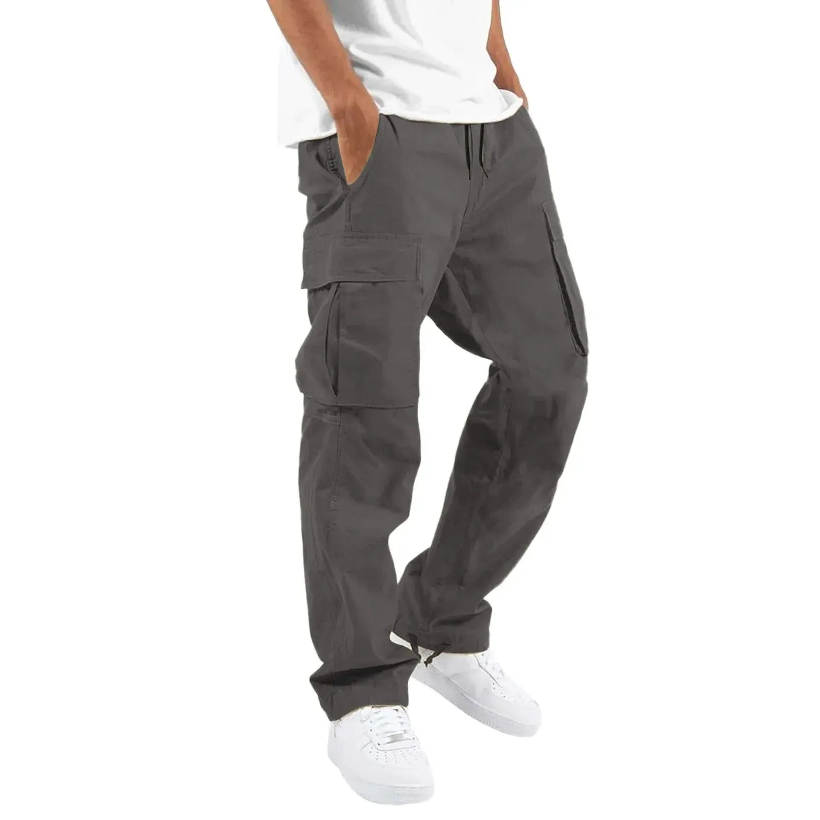 Pants: Cargo Pants. Full Length. Solid Colors. Loose Multi-pocket. Drawstring.