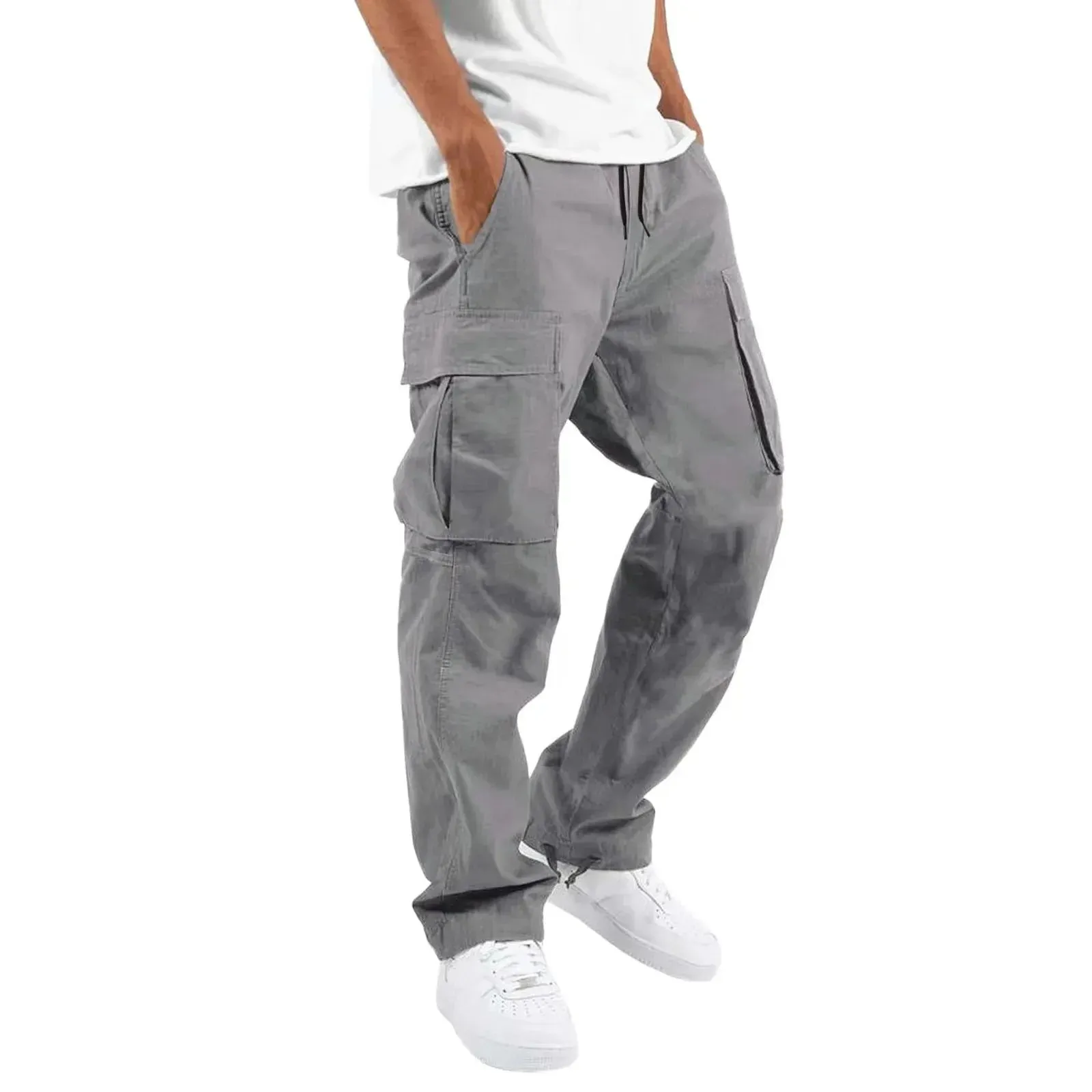 Pants: Cargo Pants. Full Length. Solid Colors. Loose Multi-pocket. Drawstring.